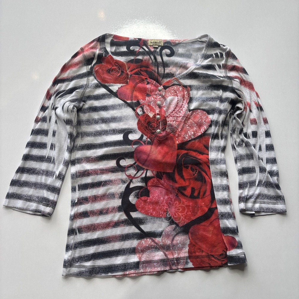 One World Black & White Striped Henley Top Hearts & Roses Print Women's Size XL